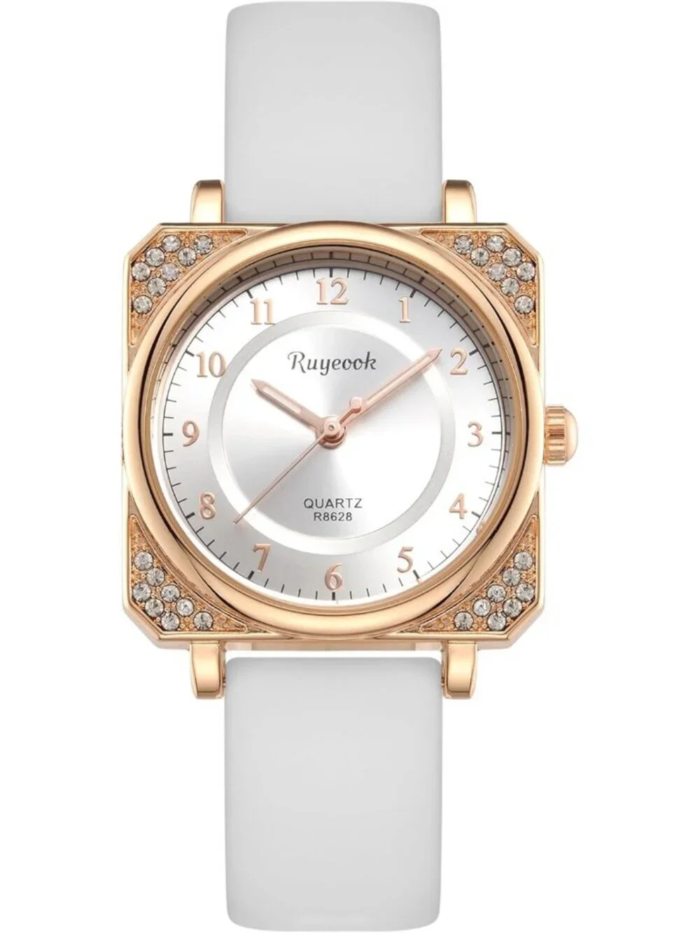 Women's White Analog Quartz Silicone Band Crystal Square Waterproof Wrist Watch
